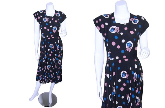 1940s Navy Blue Rayon Floral Polka Dot Dress