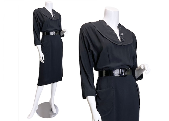 1950's Black Rayon Adair Fashions Rayon Dress Wit… - image 1