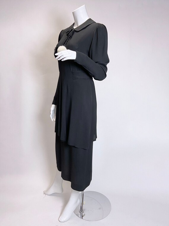 1930s Black Rayon Dress with Fur Pom Poms - image 2