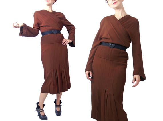 1930s Brown Rayon Crepe Dress with Trapunto Stitch