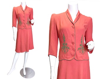 Late 1930s to Early 1940s Rayon Suit with Green Soutache Embroideryted Rayon Dress Thumel and Rutter