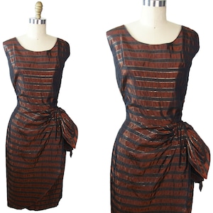 1950s Bronze Taffeta Dress with Copper and Gold Stripes Best for a Tall Gal