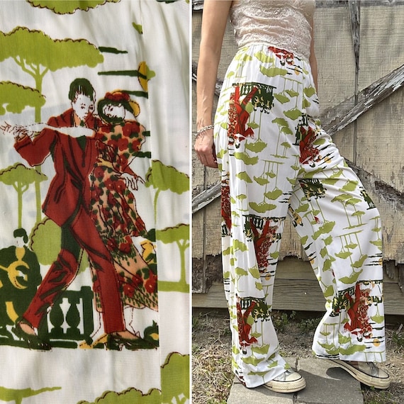 1970s Home Sewn Deco Dancers Print Pull on Pants,… - image 1