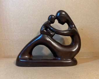 Vintage Abstract Art-Stone Matte Dark Chocolate Brown Statue Mother & Child Modernist Contemporary Statue - Artstone / stone - Motherly Love