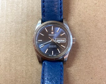1970s Tissot SEASTAR Automatic Datejust Women's Watch In Perfect Working Order - Genuine Blue Leather Strap Replaced - PRE-OWNED