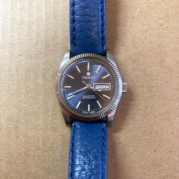 1970s Tissot SEASTAR Automatic Datejust Women's Watch In Perfect Working Order - Genuine Blue Leather Strap Replaced - PRE-OWNED