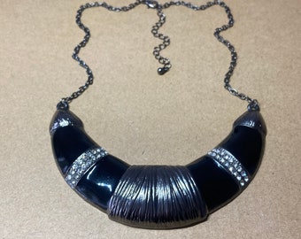 Vintage Black And Grey Enamel Half Moon Rhinestone Bib Collar Necklace - costume jewellery - vintage style - New Old Stock