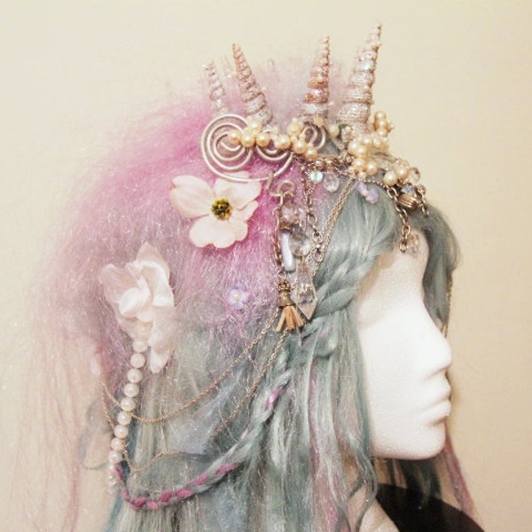 Custom Wig for LaDonna Davis: Mermaid Wig Shell Crown in Blue and Lilac with Pearl Beads & Plaits