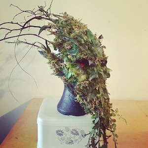 Green Man Tree Mask - Custom Made in Papier Mache with Moss, Twisted Twigs + Vines