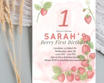 Strawberry Birthday Invitation: Editable Canva Template (5x7 in) (Digital Download