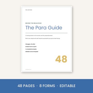 May include: A white document titled Behind the Behaviour The Para Guide, a training binder for teachers and paraprofessionals. It includes 48 pages, US Letter size, 8 blank forms, 4 completed samples, and an editable Canva template with the number 48.