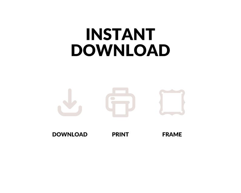 Puede incluir: Fondo blanco con las palabras "INSTANT DOWNLOAD" en negro. Debajo, tres iconos: una flecha hacia abajo etiquetada como "DOWNLOAD", una impresora etiquetada como "PRINT" y un marco decorativo etiquetado como "FRAME".