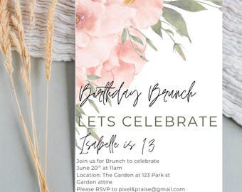 Invitación floral para brunch de cumpleaños: Plantilla editable de Canva (13 x 18 cm, descarga digital)