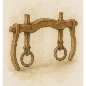 May include: A wooden yoke with two metal rings. The yoke is brown and the rings are silver. The yoke is a traditional farming tool used to attach animals to a plow or cart.