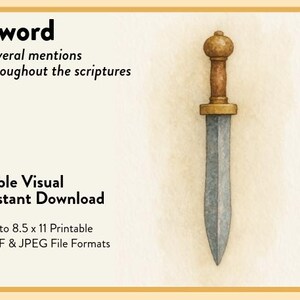 Könnte beinhalten: Aquarell-Illustration eines Schwertes mit braunem Griff und grauer Klinge. Das Bild enthält den Text "Sword" und "Bible Visual Instant Download". Druckbare Dateiformate sind PDF und JPEG.