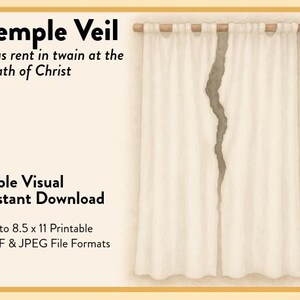 Puede incluir: Ilustración de un velo del templo color crema, rasgado por la mitad. El texto dice "Temple Veil" y "Was rent in twain at the death of Christ". Es una descarga instantánea de Bible Visual, imprimible hasta 21 x 29,7 cm.