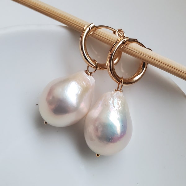 Baroque Pearl Earrings Cultured Freshwater Pearls Medium Size Natural White Color Pearl Non-dyed Untreated 14K Gold filled