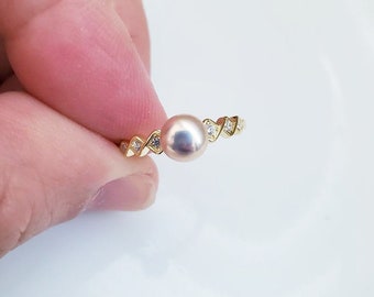 Cultured Freshwater Pearl Finger Ring US Size 5-6-7 Adjustable Gold over Sterling Silver Cubic Zirconia 6mm Button Shape Natural Pink Pearl