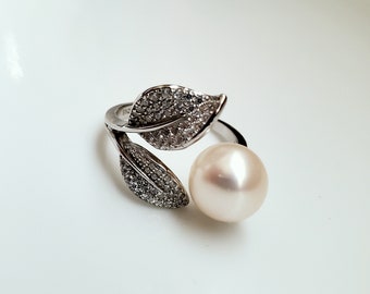 Cultured Freshwater Pearl Sterling Silver Finger Ring US Size 6-7-8 Adjustable High Luster Near Perfect Round AA Natural White Pearl