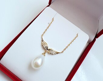 Angel Wing Freshwater Pearl necklace Genuine Cultured AAA Quality Natural White Teardrop Pearl Gold Plated over Solid Sterling Silver