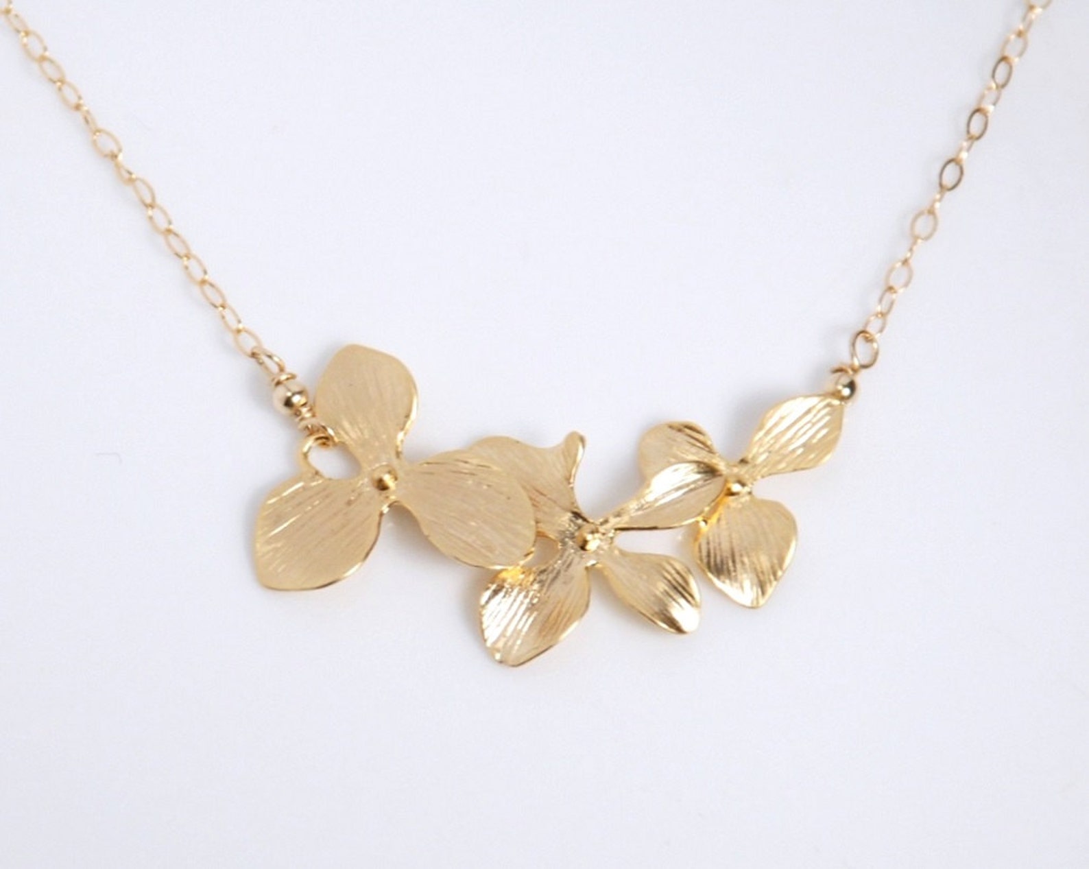 Gold Triple Orchid Flower Necklace 14K Gold Filled Chain Etsy