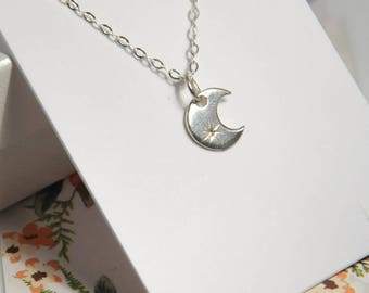 On Sale Sterling Silver Crescent Moon Necklace Moon Star Necklace Entirely Sterling Silver Dainty Jewelry Minimalist Necklace Gift for Her