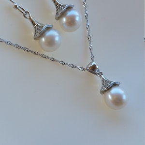 Off Round Pearl Pendant Necklace Earring Set Sterling Silver Cubic Zirconia Genuine Cultured AAA Quality Freshwater Pearl Natural White