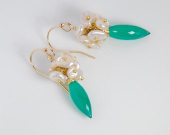 Grade AAA green onyx and fresh water pearl dangle earrings, with vermeil ball pins and 14K gold filled ear wires