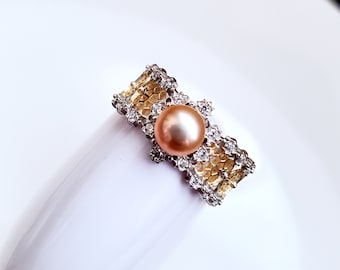 Cultured Freshwater Pearl Finger Ring Sterling Silver Cubic Zirconia Silver Gold Mixed Color Lace 6-7.5mm Button Pearl Size 6-7-8 Adjustable