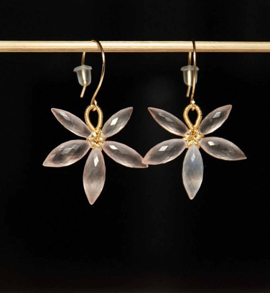 Rose Quartz Earrings in Gold Grade AAAAA Rose Quafrtz Flower Etsy
