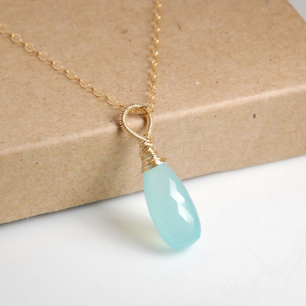Wire wrapped aqua chalcedony faceted drop pendant necklace, 14K gold filled chain