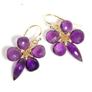 Grade AA-AAA micro faceted Amethyst 14K gold filled wire wrapped flower earrings image 1