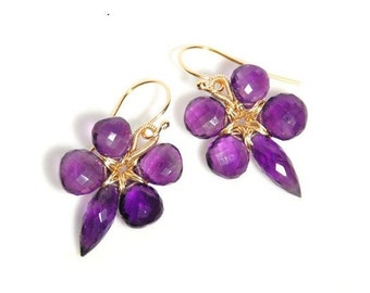 Grade AA-AAA micro faceted Amethyst 14K gold filled wire wrapped flower earrings