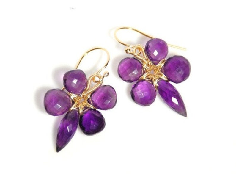 Grade AA-AAA micro faceted Amethyst 14K gold filled wire wrapped flower earrings image 1