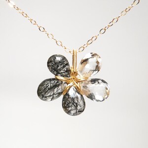 Facettierte schwarze Rutilquarz und Bergkristall Kristall Quarz 14K gold filled Blumen Halskette