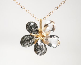 Faceted black rutilated quartz and rock crystal crystal quartz 14K gold filled wire wrapped flower necklace