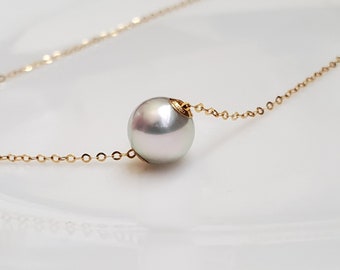 Akoya Pearl Floating Pearl Necklace Perfect Round 7-8.5mm Flawless AAA Quality Solid 18Kt Gold Natural Silver Blue Color Untreated Non dyed