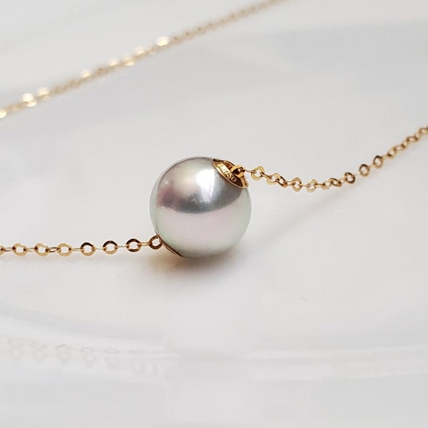 Akoya Pearl Floating Pearl Necklace Perfect Round 7-8.5mm Flawless AAA Quality Solid 18Kt Gold Natural Silver Blue Color Untreated Non dyed