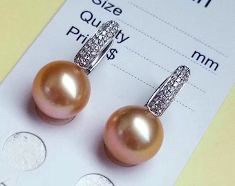 AAA Perfect Round Golden Southsea Pearl Earrings w/ Solid 18Kt White Gold Leverback Earrings 11.3mm Deep Gold Color Untreated Non dyed