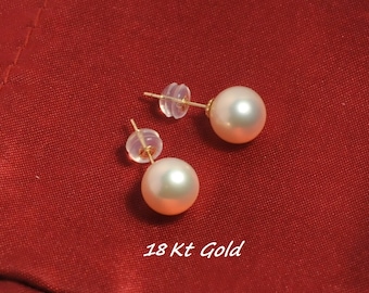 8.5mm Grade AAAA Perfect Round Genuine Freshwater pearl earrings, w/ Solid 18 Kt Gold or 14K Gold Filled Post , Earstud, Pearl Post Earrings