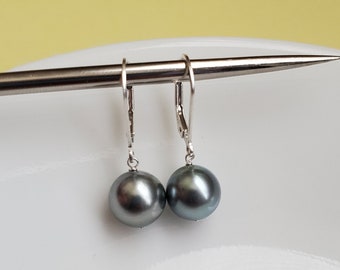 Tahitian Pearl Earrings 14Kt White Gold AA+ Quality 9-10mm Natural Dark Grey "Platinum Black" Cultured Tahitian Pearl Non-dyed Untreated