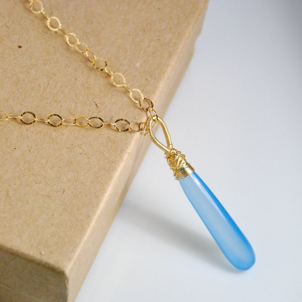 Wire wrapped blue chalcedony long drop pendant necklace, 14K gold filled chain