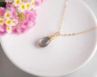 Labradorite necklace, labradorite smooth tear drop pendant necklace, 14K gold filled chain and findings