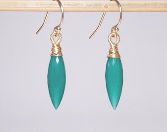 Simple dangle earrings, grade AAA green onyx, 14K gold filled earrings