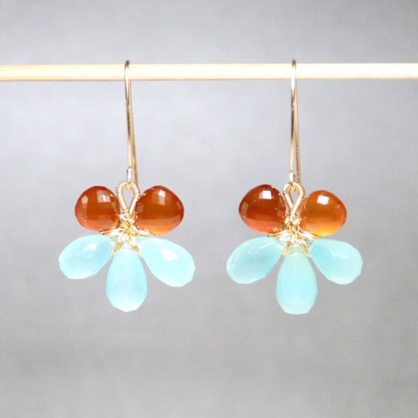 Faceted aqua chalcedony micro faceted sunstone14K gold filled wire wrapped flower earrings