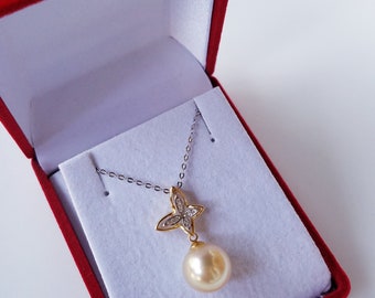 Genuine Golden South Sea Cultured Pearl Dual Color Sterling Silver Necklace 11.5mm AA+ Quality Lustrous Perfect Round Saltwater Pearl