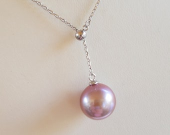 Freshwater Pearl Lariat Necklace Y Chain 11-12mm AAA Perfect Round High Luster Natural Color Untreated Non-Dyed Sterlting Silver
