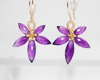 Gemstone flower earrings, February gemstone, birthstone earrings, Grade AA amethyst flower 14K gold filled  - five petals small flower