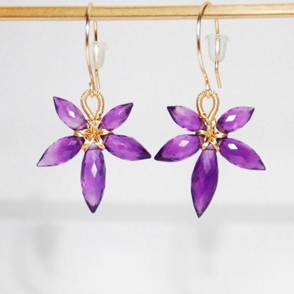 Gemstone flower earrings, February gemstone, birthstone earrings, Grade AA amethyst flower 14K gold filled  - five petals small flower