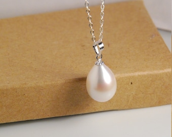 Pearl necklace, sterling silver necklace, with 14X10mm genuine grade AAA best lustrous fresh water pearl in natural white color